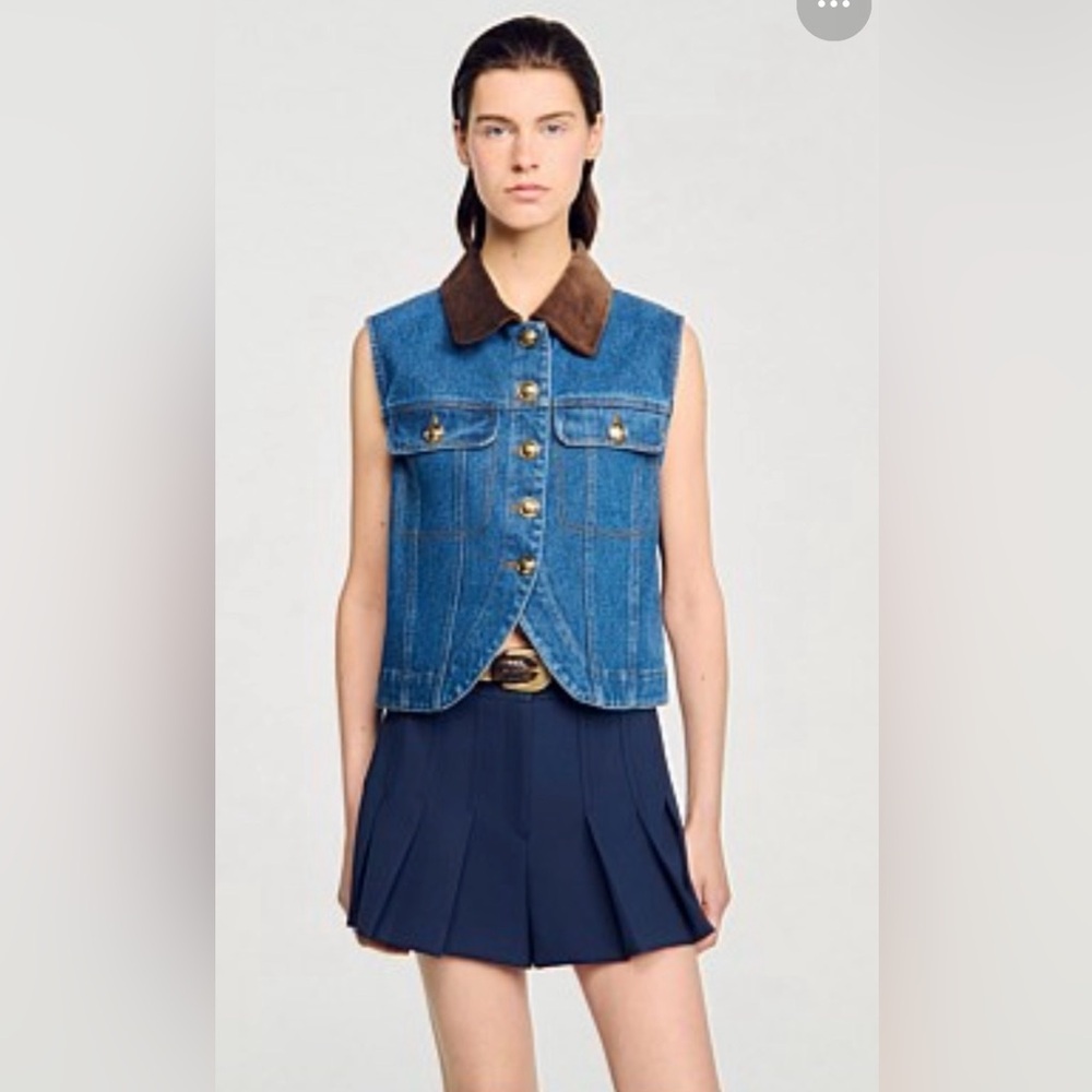 Sandro Blue Denim Vest with Brown Collar